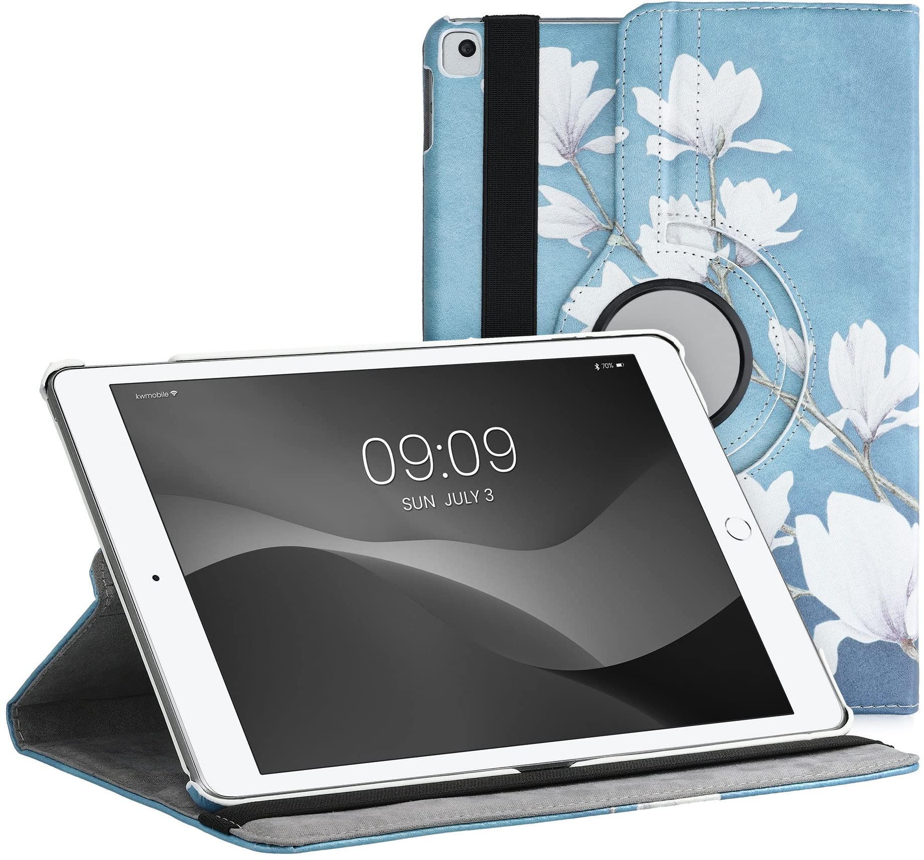 kwmobile Schutzhülle kompatibel mit Apple iPad 10.2 (2019/2020/2021-7./8./9. Gen) - Hülle 360° - Tablet Cover Case - Magnolien Taupe Weiß Blaugrau