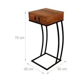 Relaxdays Beistelltisch mit Schublade, HxBxT: 70 x 30 x 30 cm, Holz & Metall, C-Form, antiker Sofatisch, braun/schwarz