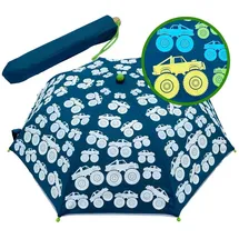 HECKBO Regenschirm Kinder Monster Truck Magic für Jungen Mädchen – Farbwechsel bei Regen – Taschenschirm - passt in jeden Schulranzen – Sturmfest - Geschenke zur Einschulung - mit Holzgriff - Länge: 32cm, aufgeklappt: 50cm, Durchmesser: 76cm