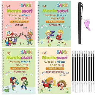 4 Stück Magische Übungshefte für Kinder + 1 Magische Kalligraphie-Stifte + 1 Schreibhilfe + 1 Nachfüllungen, Lernen von Buchstaben, Zahlen und Zeichnen
