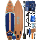 CFB SUP-Board XL 335x86x15 cm, extra breites Stand Up Paddle Board, aufblasbares iSUP, (Komplett-Set, mit Paddel, Pumpe, Rucksack, Leash, Dry Bag, Handyhülle & Schultergurt), 200 kg Traglast, für Anfänger & Erwachsene blau|braun