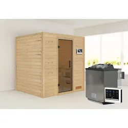 Sauna KARIBU "Anja (Fronteinstieg)", beige (naturbelassen), (ohne Ofen), Saunen, inklusive Ofenschutzgitter und Tür
