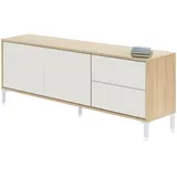 Habitdesign Wohnzimmer-TV-Ständer bestehend aus einem Modul mit zwei Türen und zwei Schubladen, Eiche und weiße Farbe, 130 x 47 x 41 cm