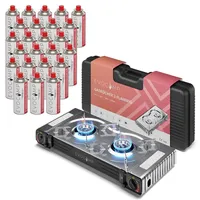 evocamp Gaskocher 2-flammig mit Piezozündung mit 28 Gaskartuschen MSF-1a 227g