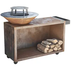 The Favilla FLAME Feuerschale mit Grillplatte & Plancha in Corten | Grillring, Holzstauraum, Rostig
