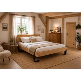 Home Affaire Massivholzbett HOME AFFAIRE "Ultima Balkenbett Doppelbett, Füße Metallkufe mit Holzelement", braun (fichte), B:158cm H:88cm L:228cm, Betten, Massivholzbett, FSC-zertifizierte Wildeiche oder Fichte, viele Breiten zur Auswahl
