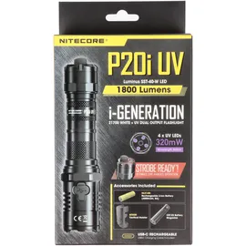 Nitecore P20i UV LED-Taschenlampe, 4x UV-LEDs, für Forensik, Begutachtungen, Dokumentenprüfung, Währungserkennung, 21700 Li-Ion Akku Typ NL2140i 4000mAh
