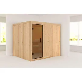 Karibu Sauna Gobin mit Fronteinstieg 68 mm-Ohne Ofen-ohne Dachkranz-Ganzglastür in Graphit-Optik