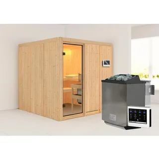 Karibu Sauna Rodin mit Fronteinstieg 68 mm - 9 kW Bio-Kombiofen inkl. Steuergerät-Ohne Dachkranz-Klarglas Ganzglastür