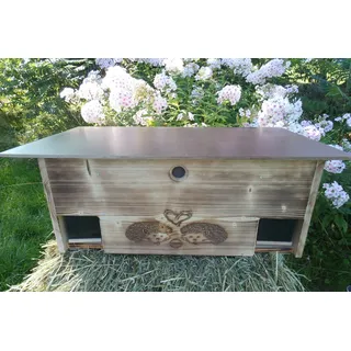 Igelfutterhaus 80cm x 40cm x 32cm Igelhotel 18mm Vollholz Witterungsbeständig Labyrintheingang easytouch-Rattenklappe ohne Boden (Edel geflammt, Ohne Fenster, ohne Boden)