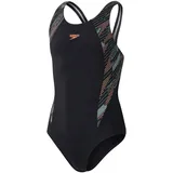 Speedo Hyperboom Splice Muscleback Badeanzug Schwimmtraining Chlorbeständig für Mädchen, Schwarz/Landgrün/Nektarine, 5-6 Jahre