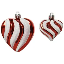 Decoris Christbaumschmuck Kunststoff Herzen mit Streifen 5-7 cm x 2 Stück geriffelt rot weiß