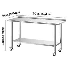 Vevor Edelstahltisch Gastro 1524 x 610 x 894 mm, Verstellbarer Edelstahltisch mit Rollen, Aufkantung (30 mm), Arbeitstisch mit Grundboden für Restaurant Obere Ablage (254 kg) Untere Ablage (209 kg)