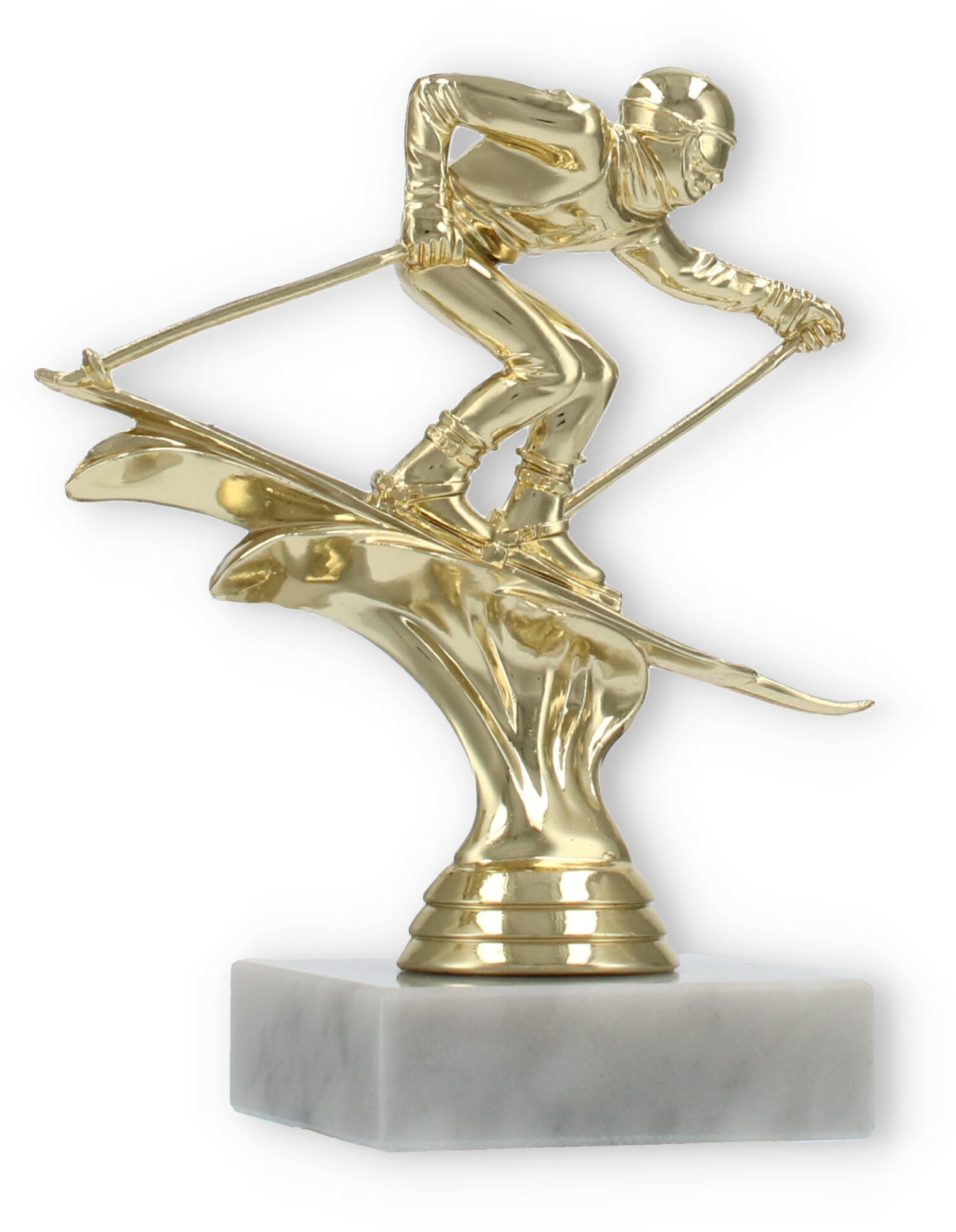 Pokal Kunststofffigur Ski Abfahrt gold auf weißem Marmorsockel 13,6cm