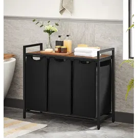 Songmics VASAGLE Wäschekorb 3 Fächer, mit Ablage, ausziehbar abnehmbar, 3 x 38 L, Schwarz - Schwarz