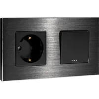 Navaris Lichtschalter mit Schuko Steckdose - mit Aluminium Rahmen - Design Glas Schalter einfach - Aufputz Wippschalter Wandschalter in Schwarz