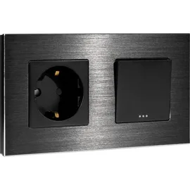 Navaris Lichtschalter mit Schuko Steckdose - mit Aluminium Rahmen - Design Glas Schalter einfach - Aufputz Wippschalter Wandschalter in Schwarz