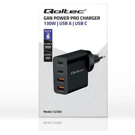 Qoltec GaN POWER PRO charger 2xUSB C, 2xUSB, 130W - Schwarz