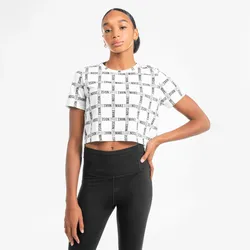 T-Shirt Crop Top Damen - weiß mit Print, weiß, XS