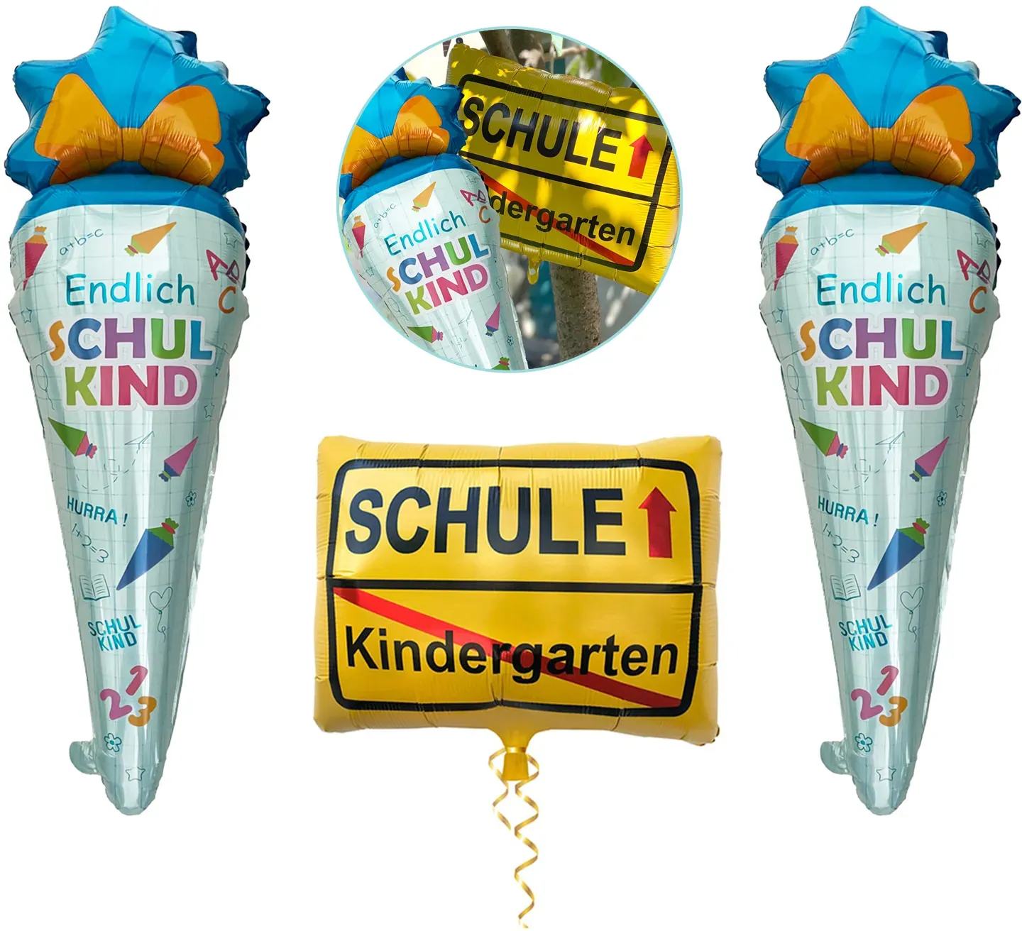 3er Set Folienballon 2x Zuckertüte + Kindergarten/Schule Ortsschild Ballon Deko für Schuleinführung Einschulung