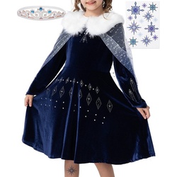 Corimori Prinzessin-Kostüm Elastisches Stella Eiskönigin Kostüm Kleid, mit Tattoos & Diadem, Prinzessinenkleid für Fasching, dunkel-blau blau Konfektionsgröße 110/116