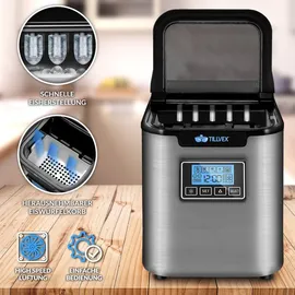tillvex Eiswürfelmaschine Edelstahl Silber 12 kg - 24 h Eiswürfelbereiter mit Timer und 2,2 Liter Wassertank Ice-Maker LCD-Display | Selbstreinigungsfunktion