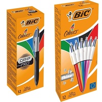 BIC 4 Farben Kugelschreiber Set 4 Colours Grip Pro, mit gummierter Griff-Fläche, 12er Pack & 4 Farben Kugelschreiber Set 4 Colours Shine, in verschiedenen Farben, 12er Pack, Ideal für das Büro