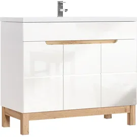 Lomadox Waschtisch Set mit 100cm Unterschrank in Hochglanz weiß, Wotaneiche, B x H x T ca. 100 x 85 x 46cm