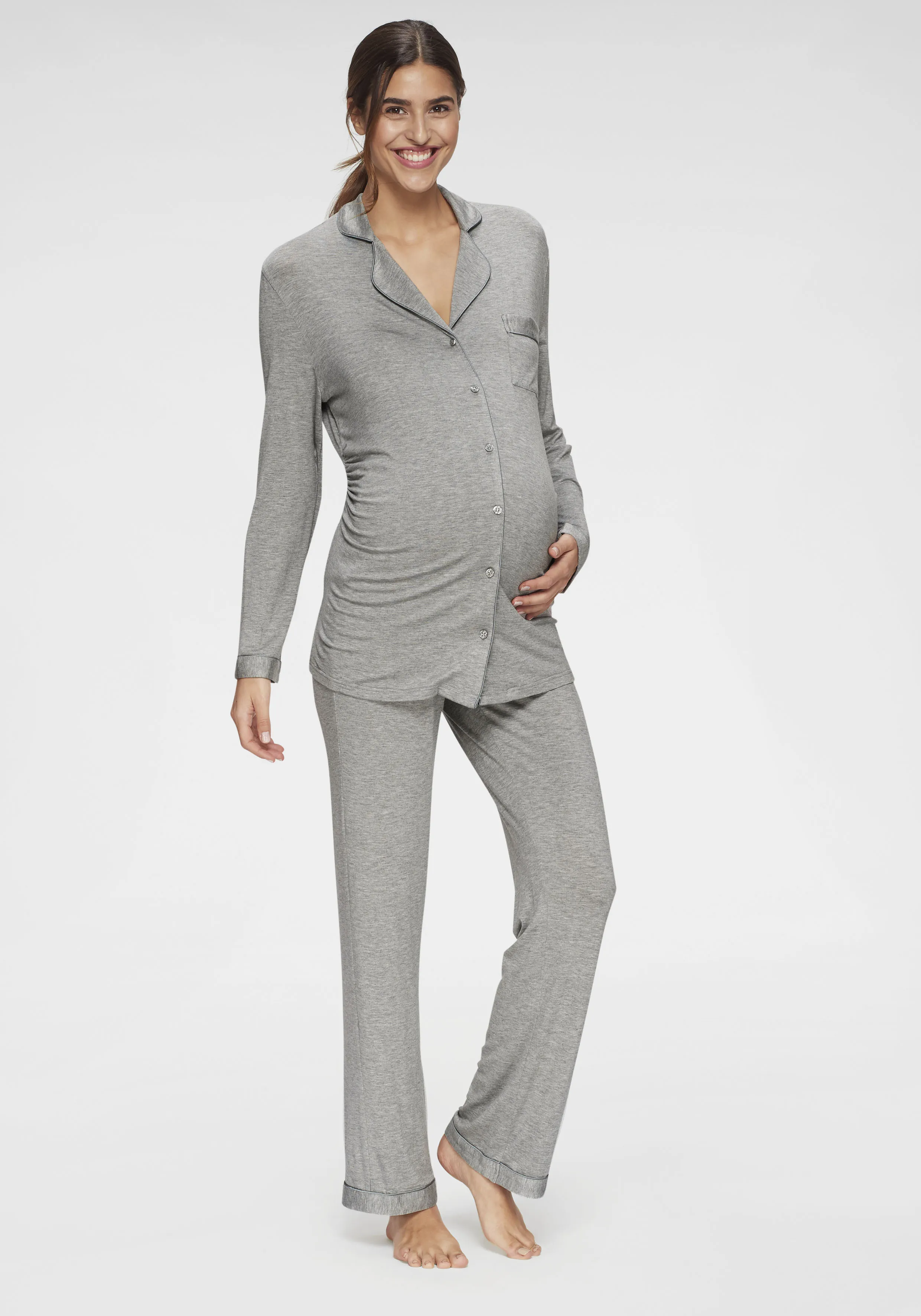 Umstandspyjama LASCANA Gr. 40/42, grau Damen Homewear-Sets Umstandsmode mit Knopfleiste und Raffung an der Seitennaht
