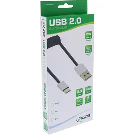 InLine USB 2.0 Spiralkabel, Typ C Stecker an A Stecker, schwarz/Alu, flexibel, 2m