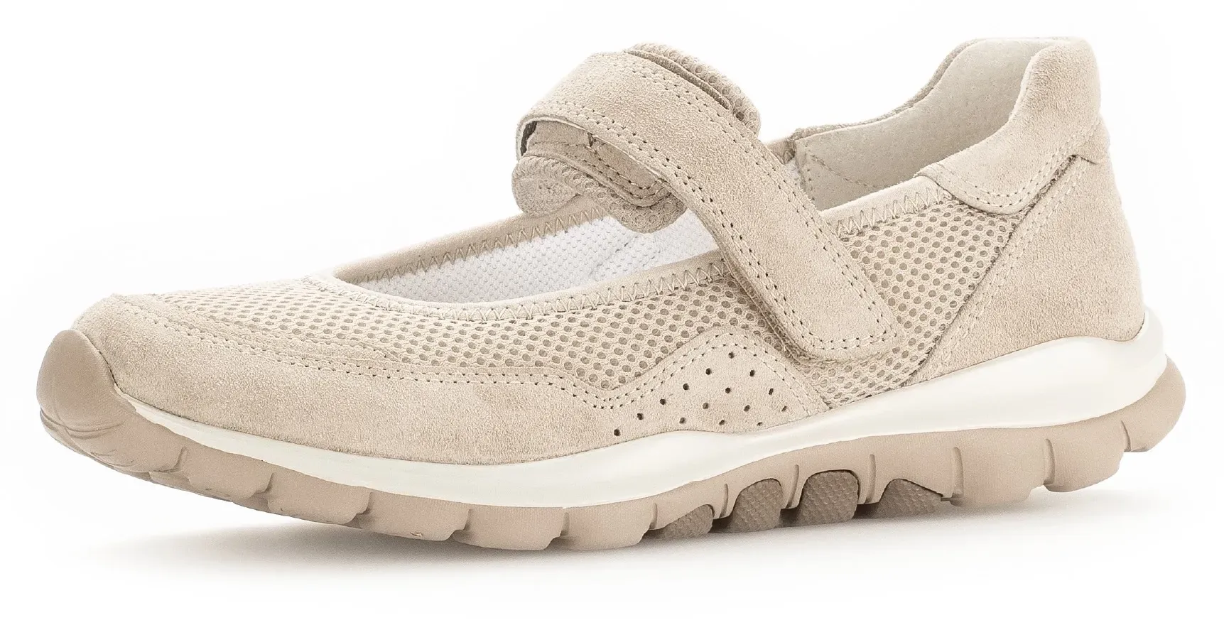 Riemchenballerina ROLLINGSOFT, Damen, Gr. 36, beige, Textil, Veloursleder, Schuhe Riemchenballerina, Klettschuh, Freizeitschuh, Komfortschuh mit Lochmuster