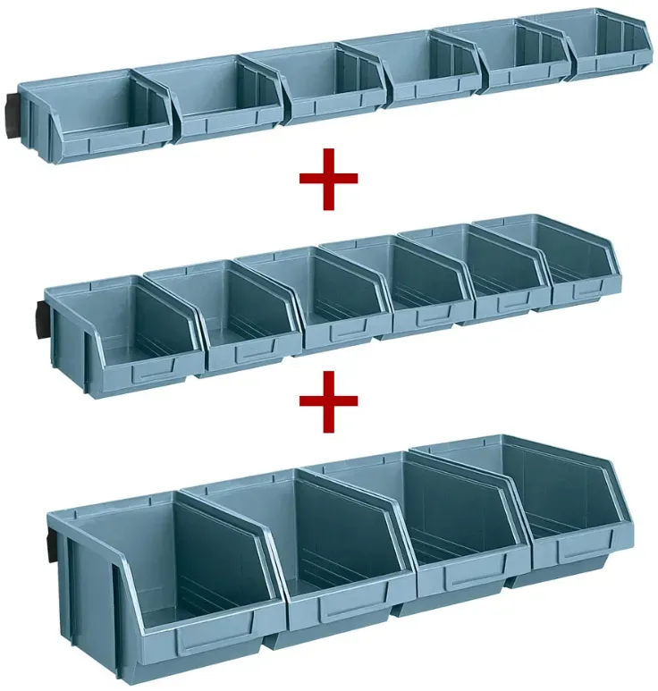 Wandschienen mit Sichtlagerkästen, Größenmix - 2+1 GRATIS