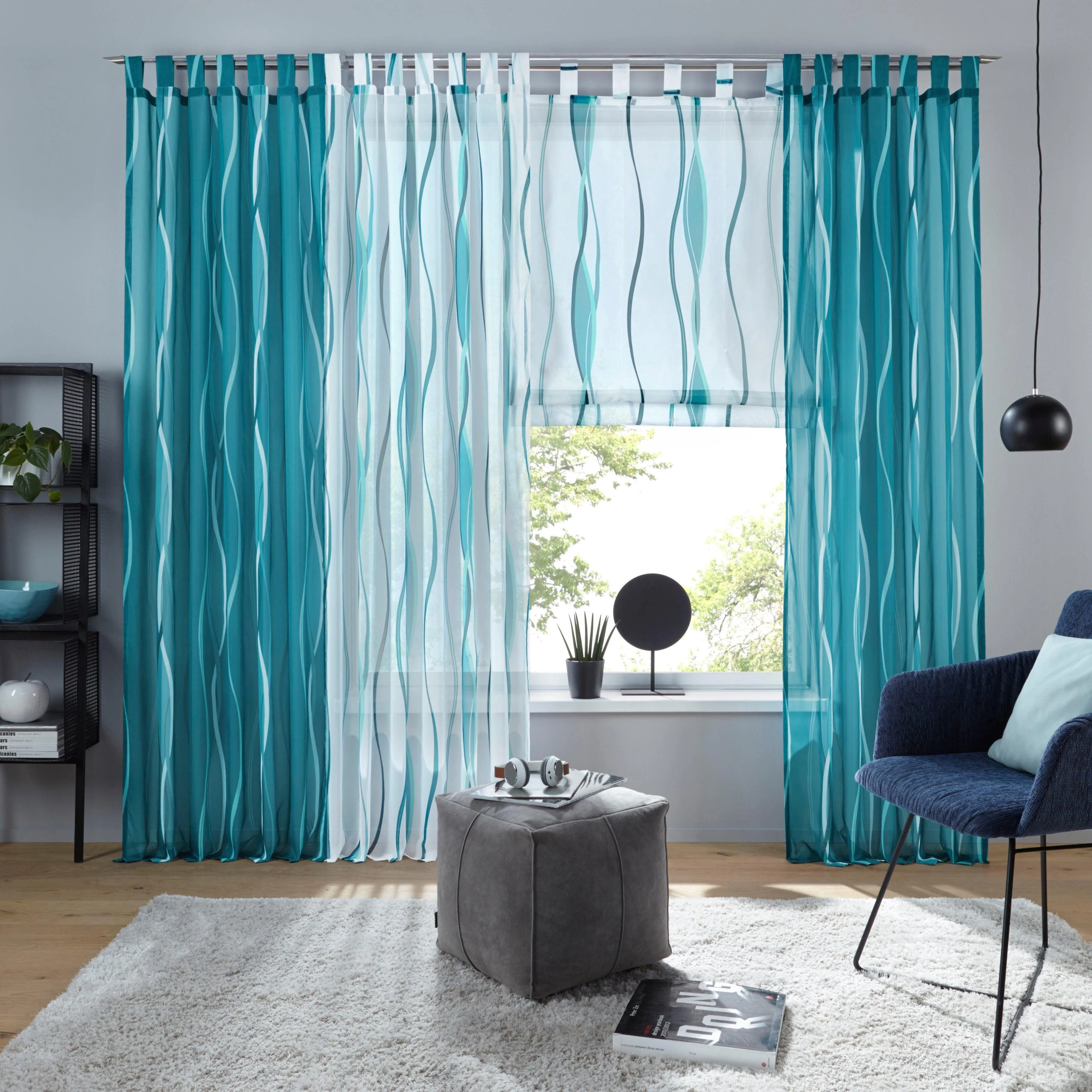 Gardine MY HOME "Dimona" Gardinen Gr. 225 cm, Schlaufen, 140 cm, blau (petrol) 2er-Set, Voile, Polyester, Wellen