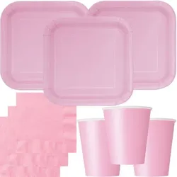 Party Deko Set rosa Einweggeschirr für 14 Personen eckige Teller, Becher, Servietten Hochzeit Geburtstag