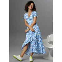 Aniston CASUAL Wickelkleid mit graphischen Blätterdruck Blau/Weiß 38