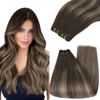 YoungSee Echthaar Tressen zum Einnahen Ombre 55cm Tressen Echthaar Braun Ombre Aschblond Tressen Extensions Echthaar 100g Extensions Tressen Echthaar Weft Extensions Echthaar Remy #4/18/4