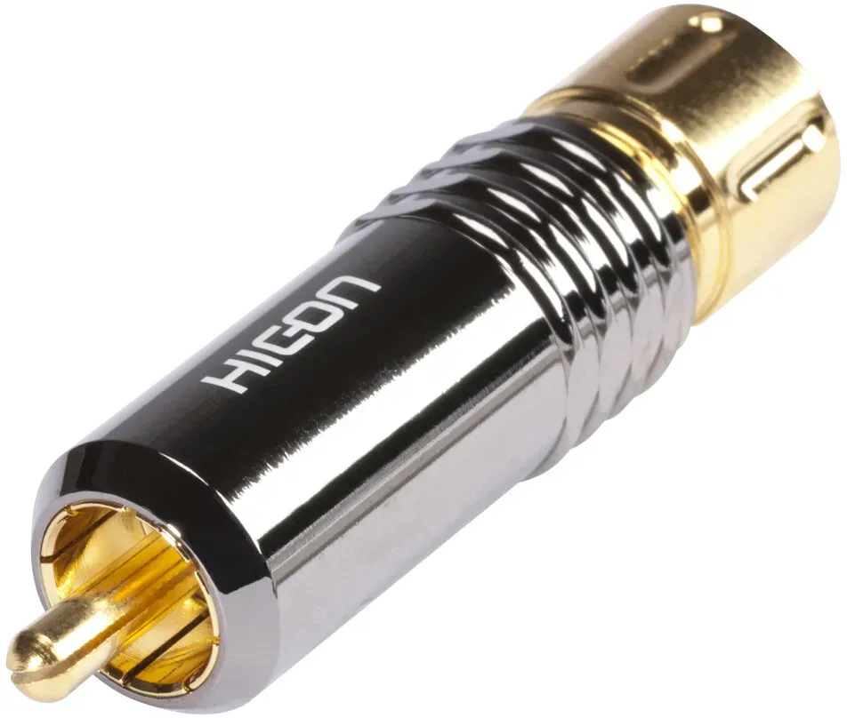 HICON Cinch / RCA mit Pressspangen-Verriegelung, 2-pol , Metall-, Löttechnik-Kabelstecker, vergoldete(r) Kontakt(e), gerade, chromfarben