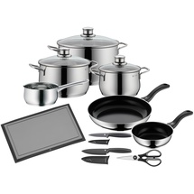 WMF Diadem Plus Topf-Set 6-tlg. 3 x Fleischtopf + 2 x Bratpfannen + Stielkasserolle inkl. Schneidebrett + 2 Messer + 1 Schere