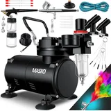 Masko MASKO® Airbrush-Set mit Kompressor 4 bar inkl. Airbrush-Pistolen Lackierpistole Komplett-Set Tattoo Kunst Malerei Nadeln & Düsen im Zubehör Multifunktions Dual-Set mit Manomter | Luftfilter