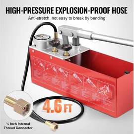 Vevor Abdrückpumpe, max. 25 Bar, manuelles hydraulisches Wasserdruckprüfer-Set mit Doppelventil und Manometer, 10-L-Wassertank, 1,4-m-Schlauch mit 1/2-zoll-außengewindeanschluss für Rohrleitungen