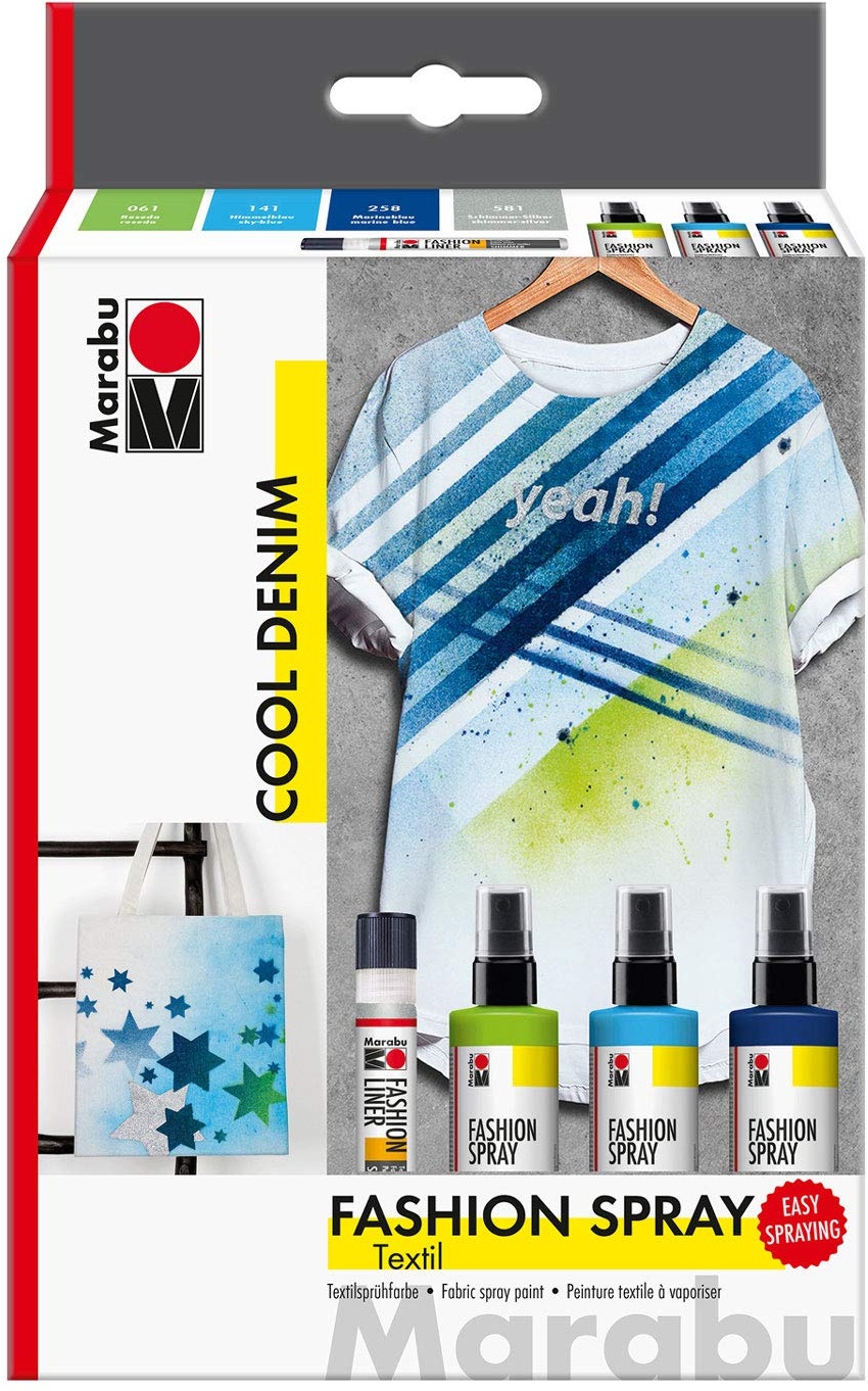 Marabu 1719000000084 - Fashion Spray, Cool Denim, Textilsprühfarbe auf Wasserbasis, für helle Textilien, einfache Fixierung, waschbeständig bis 40°C, 3 x 100 ml Farbe und 25 ml Fashion Liner