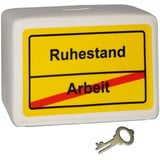 alles-meine.de GmbH große Spardose - Ortsschild - Ruhestand/Arbeit - mit Schlüssel und Schloss - stabile Sparbüchse aus Porzellan/Keramik - Sparschwein - Rente/Rentenbe..