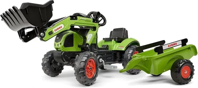 Falk 2040ML Claas Tretbaggerlader mit Anhänger, Tretbagger, Kinder-Trettraktor mit Lenkrad und Hupe, für Kinder von 2 bis 5 Jahren, Aufsitzspielzeug – Grün