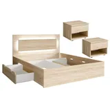 Feldmann-Wohnen Schlafzimmer-Set Fino, (mit 2 Nachtkonsolen mit je 2 Schubladen, 2 Bettschubladen, Griffmulden, 3-tlg., moderne Optik, ohne Soft-Close, LED im Kopfteil), 180x200cm Liegefläche, sonoma eiche, mit Lattenrost & LED-Licht braun 276 cm x 100 cm x 204 cm