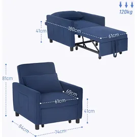 Homcom 3-in-1 Schlafsessel, Klappbett mit Bettfunktion, Lendenkissen, Klappbar Liegestuhl mit Verstellbarer Rückenlehne, Seitentasche, für Wohnzimmer, Kord, Blau