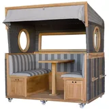 deVries Strandkorb Strandkorb 6-Sitzer Teak - PE grau durchgeflochten - Modell 981, BxTxH: 200x158x207 cm, Gosch-Lounge, Nordsee-Strandkorb, Bullaugen und Panoramafenster, Staufächer, Sitzbänken, großer Tisch grau