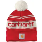 Carhartt Herren Strickmütze mit Bommel und Logo Beanie-Mütze, Einheitsgröße, Red Winter White - Einheitsgröße