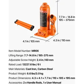 Vevor hydraulischer Flaschenheber mit 6 t Kapazität, 195–375 mm Hubbereich, Flaschenwagenheber mit Schweißsystem für Auto Pickup SUV Autoreparatur, Stempelwagenheber Orange Wagenheber Hochleistung