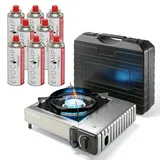 evocamp Gaskocher 1-flammig mit Piezozündung inkl. 8x 227g und Transportkoffer, 2,2 kW Leistung