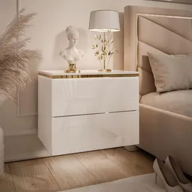 lookway Nachttisch Weiß Hochglanz Holzwerkstoff, Uni, 2 Schubladen, Rechteckig, 50x40x37 cm, Schlafzimmer, Nachttische
